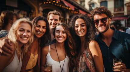 Multiracial happy people on the street smiling and hugging, foreign exchange students of different ages. AI generated