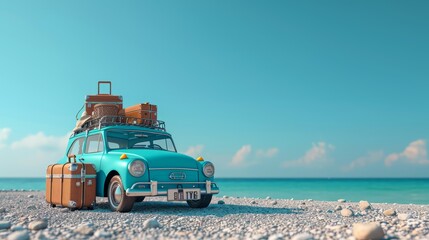 Blue retro car, beach road, sea-sky backdrop, suitcases, summer accessories, coastal vibes, vivid image, realistic scene, ample copy space - obrazy, fototapety, plakaty