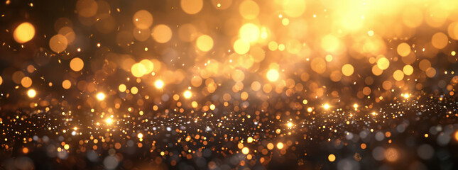 Golden Glowing Magic: A Shimmering Abstract Background of Bright Bokeh Lights and Sparkling Glitter Patterns in Dark Space
