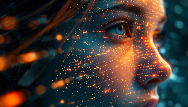 Algorithmic Aura, Explore the concept of digital identity by portraying a human face with an aura of algorithmic patterns, AI 