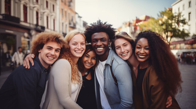 Fototapeta Multiracial happy people on the street smiling and hugging, foreign exchange students of different ages. AI generated