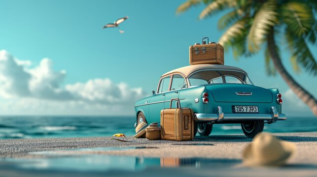 Blue retro car, beach road, sea-sky backdrop, suitcases, summer accessories, coastal vibes, vivid image, realistic scene, ample copy space