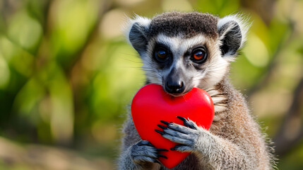 Fototapeta premium Ring Tailed Lemur Holding Red Heart Love Symbol