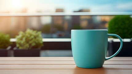 Balcony View of a turquoise Mug on a wooden Table. Close up with a blurred Background