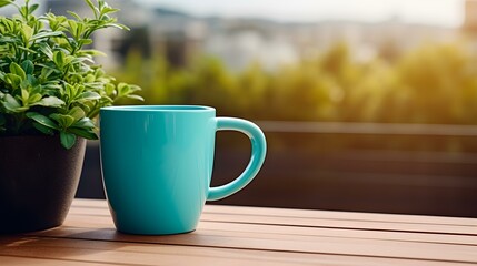 Balcony View of a turquoise Mug on a wooden Table. Close up with a blurred Background
