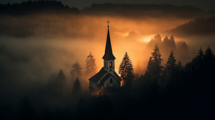 Fototapeta premium church in the night fog in the European mountains landscape panoramic view