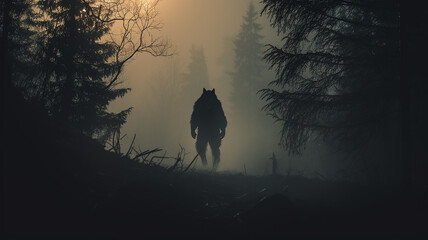 werewolf silhouette fear horror in the forest ghoul ancient horror fairy tale beast wolf predator in the fog of the night forest - obrazy, fototapety, plakaty