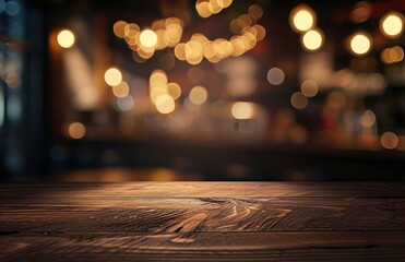 Fototapeta premium A blurred background of a cozy cafe, with soft bokeh lights creating a warm and inviting ambiance, ideal for showcasing foreground subjects or as a setting for atmospheric designs. Ai generated