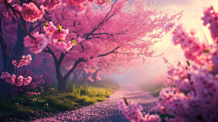Weg durch blühende Frühlingslandschaft