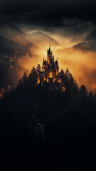 Naklejka premium vertical frame, view of the ancient European medieval castle of the princess from the fairy tale in the mountains in the forest and fog landscape