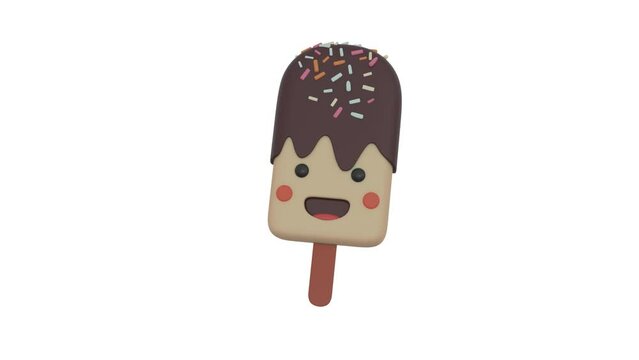 Animation sweet milk ice cream and chocolate. Chocolate with a smiling face with alpha background. Colorful tasty funny cartoon banana, strawberry and chocolate ice cream with sprinkling. 3d render