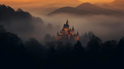 Fototapeten misty landscape in autumn mountains lighting, medieval princess castle glows in the night landscape among the clouds © kichigin19