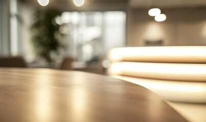 An empty wooden table top with a blurred modern office space background, featuring glass walls and a bright, airy atmosphere, suitable for product display or as a clean, minimalist workspace setting. 