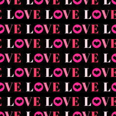 Seamless pattern of pink words "LOVE" on black background design for Valentine's Day.