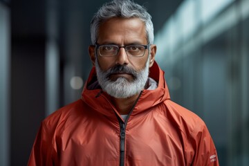 Obraz premium Portrait of a content indian man in his 50s wearing a functional windbreaker against a modern minimalist interior. AI Generation