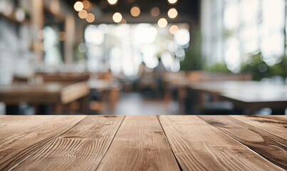 An empty wooden table top with a blurred modern office space background, featuring glass walls and a bright, airy atmosphere, suitable for product display or as a clean, minimalist workspace setting.  - obrazy, fototapety, plakaty