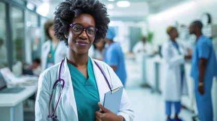 Fotobehang Smiling female doctor wearing a white lab coat with a stethoscope around her neck, holding a clipboard, standing in a busy hospital corridor with blurred healthcare professionals in the background. © VLA Studio