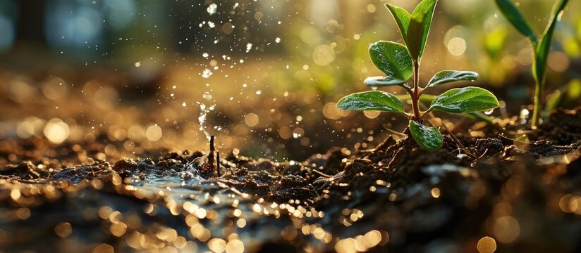 Water sprinkled onto a small plant sprouting from dir