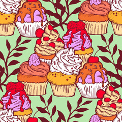Tasty sweet cupcake dessert decorative seamless vector pattern for textile design, fabric print, digital or wrapping, wall paper, background and backdrop, bakery shop decoration, cafe, restaurant menu