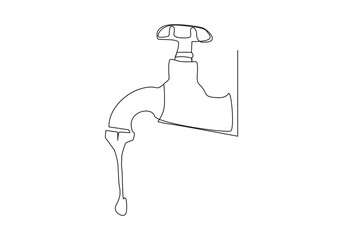 faucet drop of water in continuous line art drawing style. Mixer tap with water drop black linear sketch isolated on white background. Vector illustration
