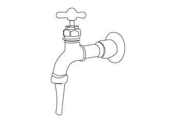 faucet drop of water in continuous line art drawing style. Mixer tap with water drop black linear sketch isolated on white background. Vector illustration
