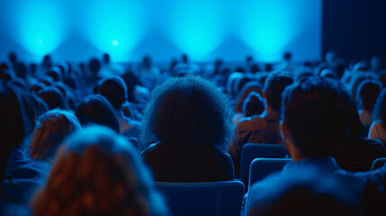 An audience is seated in a darkened room, facing a stage, highlighted by blue stage lighting, focusing on the event or presentation.