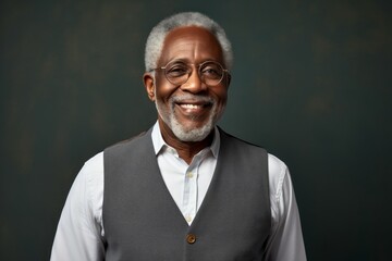 Fototapeta premium Portrait of a cheerful afro-american man in his 60s dressed in a polished vest against a modern minimalist interior. AI Generation