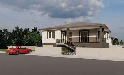 Render of two grey village houses with garage. 3d render.