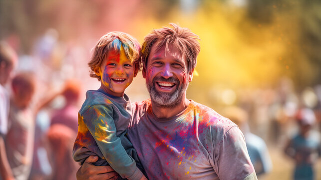 Father with their son celebrating the day of the Holi festival of colors. generated artificial intelligence