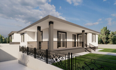 Render of two grey village houses with garage. 3d render.