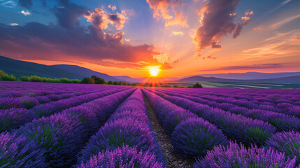 A beautiful lavender field during sunset, a serene and peaceful atmosphere