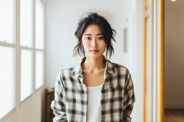 Portrait of a glad asian woman in her 20s dressed in a relaxed flannel shirt against a modern minimalist interior. AI Generation