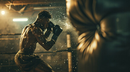 A boxer training in a dimly lit gym throwing punches at a heavy bag. - obrazy, fototapety, plakaty