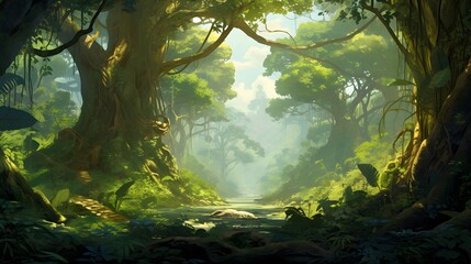 A lush tropical rainforest with towering trees wrapped in vines, Bright overhead sunlight filtering through the dense canopy, Vibrant shades of minty greens, Hazy air perspective, Extremely detailed r
