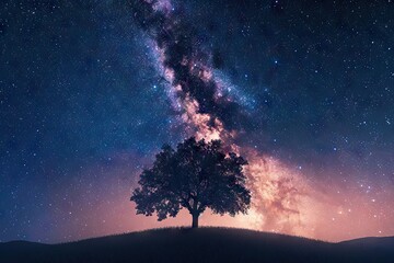 A lone tree in the space, milky way is the background