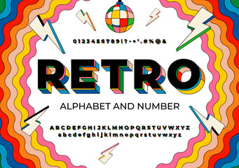 Vintage retro 3D typeface with colorful rainbow layers. Decorative letters in 70s, 80s, 90s Style. Set contains big and small letters, digits and symbols. Vector illustration