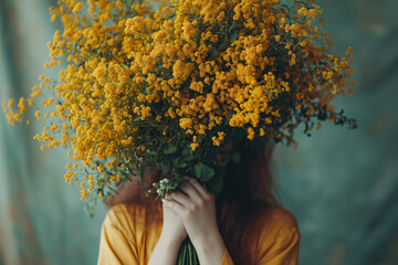 Girl with a bunch of mimosa flowers