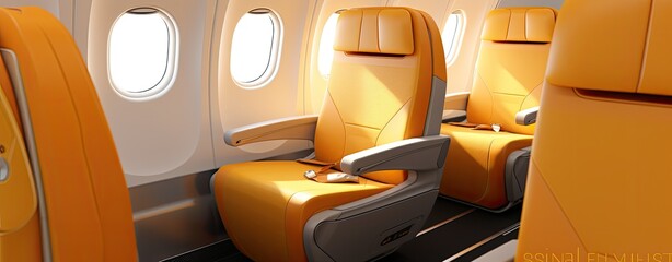 Luxurious, empty first class seats embody premium comfort and luxury armchairs on board an aircraft designed for luxury travel.