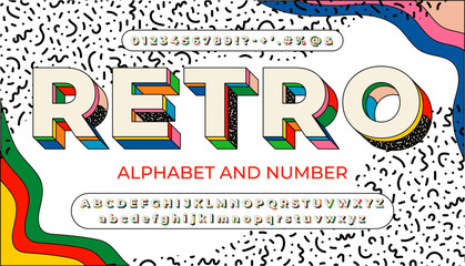 Colorful vintage retro 3D typeface. Decorative letters in 70s, 80s, 90s Style. Set contains big and small letters, digits and symbols. Vector illustration
