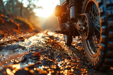 Racing motorcycle on a muddy road in the forest at sunset. Motocross. Enduro. Extreme sport concept.