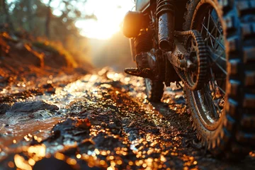 Schilderijen op glas Racing motorcycle on a muddy road in the forest at sunset. Motocross. Enduro. Extreme sport concept. © John Martin