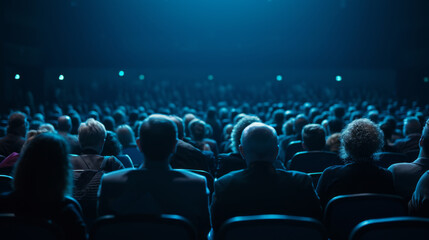 Fototapeta na wymiar An audience is seated in a darkened room, facing a stage, highlighted by blue stage lighting, focusing on the event or presentation.
