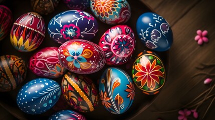 Fototapeta na wymiar Top View of multicolored Easter Eggs on a wooden Background. Beautiful Easter Wallpaper