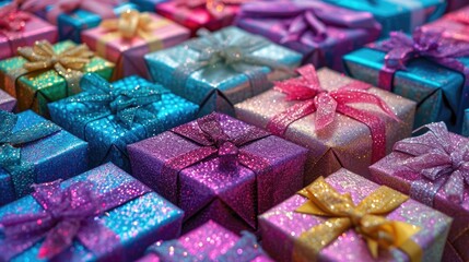 Fototapeta na wymiar Festive Kaleidoscope of Gift Boxes: Colorful Array with Glitter and Bows - Valentine's Day Concept