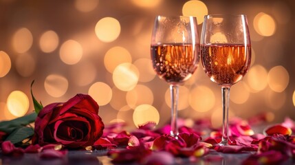 Intimate Rosé Wine Evening: Elegant Glasses with Rose Petals and Soft Bokeh - Valentine's Day Concept