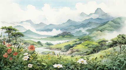 Fototapeta na wymiar Outdoor scenery full of flowers Oriental ink painting