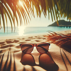 Fototapeta na wymiar Seaside Serenity: Sunglasses Resting on Sandy Beach Underneath a Palm Frond Shade