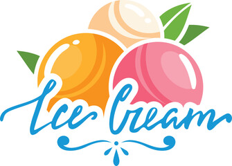 Colorful ice cream logo with three scoops and leaves. Summer dessert emblem with script lettering. Sweet and refreshing treat vector illustration.