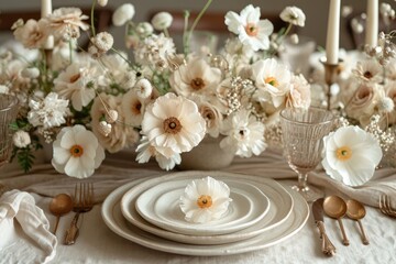 Fototapeta na wymiar A beautifully arranged table adorned with delicate flowers and elegant tableware, creating a romantic and inviting atmosphere for a special occasion