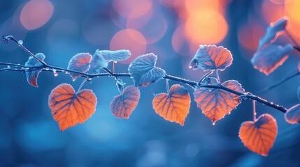 Enchanted Heart-Shaped Leaves on Branch: Blue and Orange in Bokeh Light - Valentine's Day Concept